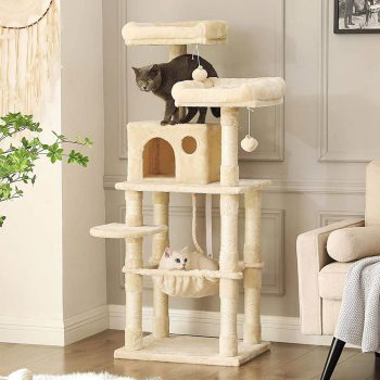a cat tree with two cats inside