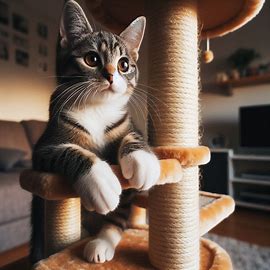 a cute cat sitting on a scratcher